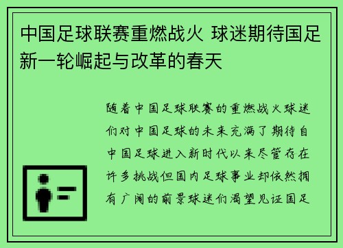 中国足球联赛重燃战火 球迷期待国足新一轮崛起与改革的春天