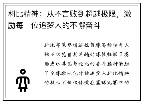 科比精神：从不言败到超越极限，激励每一位追梦人的不懈奋斗