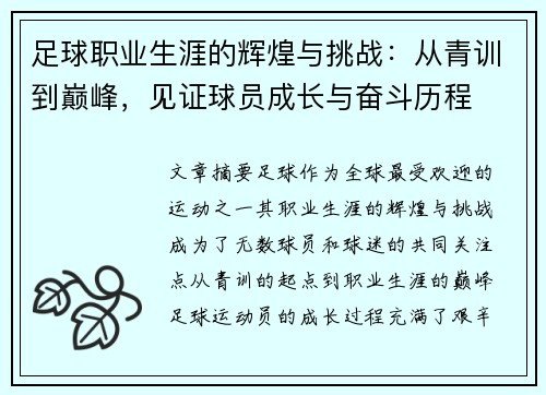 足球职业生涯的辉煌与挑战：从青训到巅峰，见证球员成长与奋斗历程