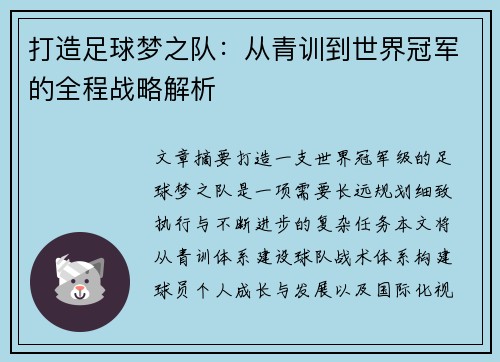打造足球梦之队：从青训到世界冠军的全程战略解析