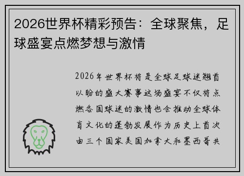 2026世界杯精彩预告：全球聚焦，足球盛宴点燃梦想与激情