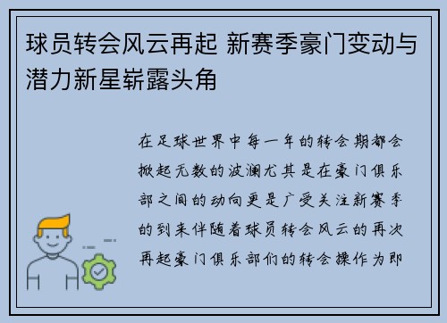 球员转会风云再起 新赛季豪门变动与潜力新星崭露头角