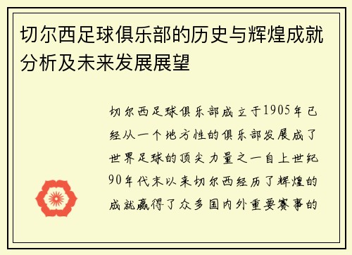 切尔西足球俱乐部的历史与辉煌成就分析及未来发展展望